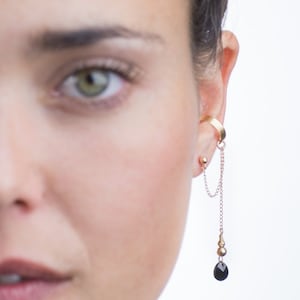 Gold ear cuff black crystal drop earring, Swarovski crystal dangle ear cuff earring, no piercing ear cuff, faux helix black crystal ear cuff