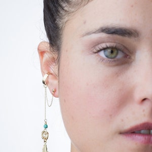 Turquoise gemstone gold dreamcatcher ear cuff, gold dream catcher ear cuff earring, Turqoise gemstone cuff earring, Boho chic dangle earcuff