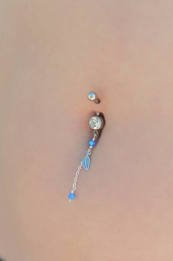 Tiny Leaf Belly Button Piercing Silver / Gold Navel Ring With Light Blue  Beads. Amazing Body Jewelry to Complete a Wedding Look 