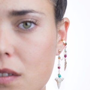 Handmade bohemian ear cuff earring with real shark tooth and genuine gemstones, gemstone jewelry, boho jewelry, no piercing dangle ear cuff