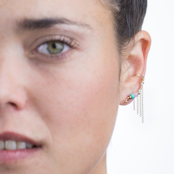 Gold Filled fringed, genuine raw Rose Quartz & Turquoise gemstone beaded, ear cuff, earring, a unique take on the classic wedding jewelry