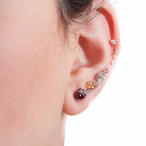 Sterling Silver, Handmade, Garnet and Tourmaline gemstone beaded ear cuff climber earring, the piece you need for your graduation jewelry