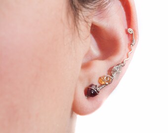 Sterling Silver, Handmade, Garnet and Tourmaline gemstone beaded ear cuff climber earring, the piece you need for your graduation jewelry