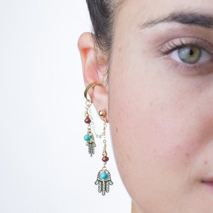 A couple of handmade Gold Filled Hamsa pendants & beaded ear cuff earrings set, This beauty is the best wedding jewelry for protection
