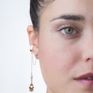 Gold Filled Opal stone & heart shaped Hand of Fatima Ear cuff dangling earring, the most delicate piece of unique jewelry for your wedding