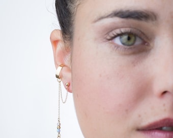 Gold Filled Opal stone & heart shaped Hand of Fatima Ear cuff dangling earring, the most delicate piece of unique jewelry for your wedding