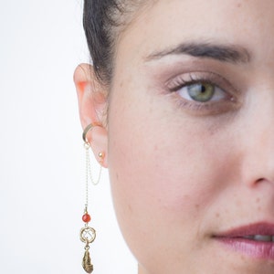 Carnelian gemstone gold dreamcatcher ear cuff, handmade dreamcatcher dangle ear cuff earring, gold dream catcher earring, July birthstone
