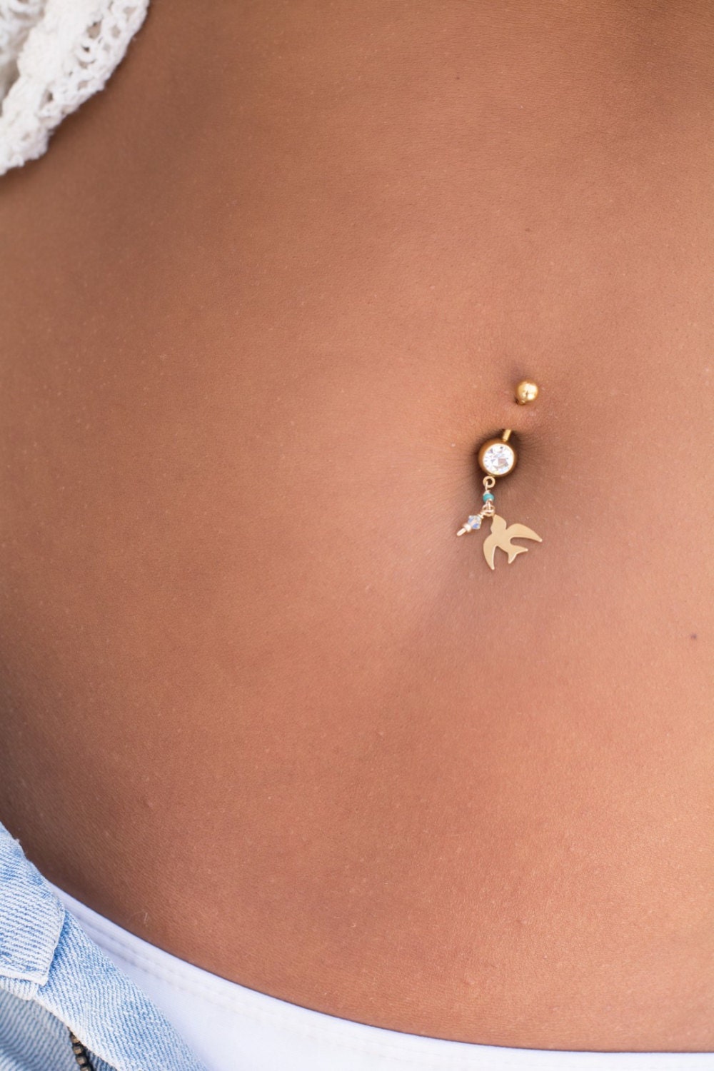 Gift Idea! Gold Dove Pendant & Swarovski Beaded Belly Button