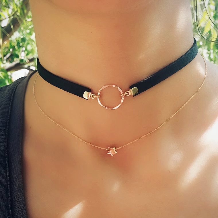 2 Gold Choker Necklace Set, Leather Choker Necklace With