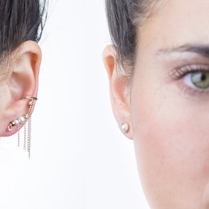 Delicate yet bold, fringe ear cuff, Swarovski pearls & Gold Filled beaded climber earring + matching pearl stud, most unique wedding jewelry