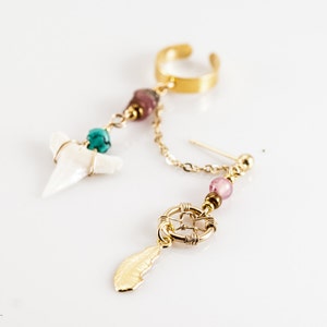 Boho Chic Dreamcatcher Ear Cuff, Handmade Dreamcatcher & Real Shark Tooth Ear Cuff Earring, One of a kind Gemstone earcuff with Dreamcatcher