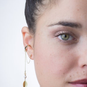 Gold leaf ear cuff earring, Swarovski pearl dangling ear cuff earring, leaf charm dangle ear cuff earring, No piercing faux helix ear wrap