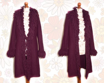 Dark Pink Fringe Penny Lane coat  70s inspired Afghan coat Sweater