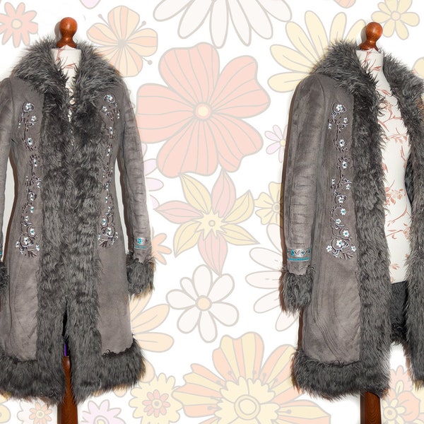 Gray Penny Lane coat with fluffy collar and cute embroidery Vegan  Faux suede Afghan coat 70s inspired  hippie bohemian