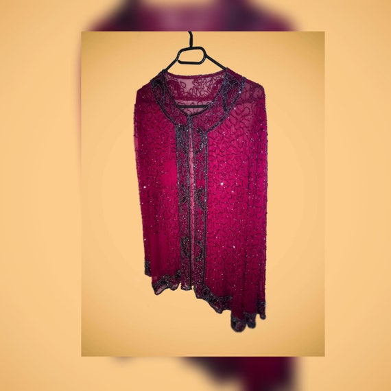Red beaded sheer 80s jacket blazer / festival / bo