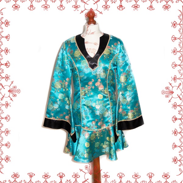 Blue oriental 70s inspired Mini Kimono dress Studio 54 Bowie Vibes Bell Sleeves flower pattern