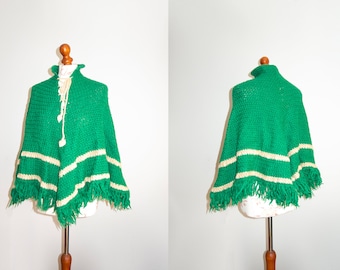 Poncho vert fait main au crochet des années 1970, véritable vintage hippie cape rétro bohème