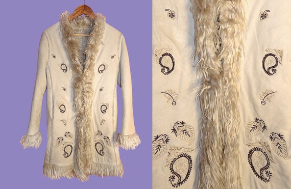 Beige Faux Fur Penny Lane Coat / Embriodery / Vega