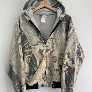 Vtg Camo Real Tree Mossy Oaks Thrashed Thermal Hoodie zip image 1