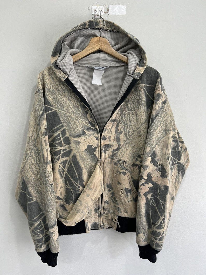 Vtg Camo Real Tree Mossy Oaks Thrashed Thermal Hoodie zip image 1