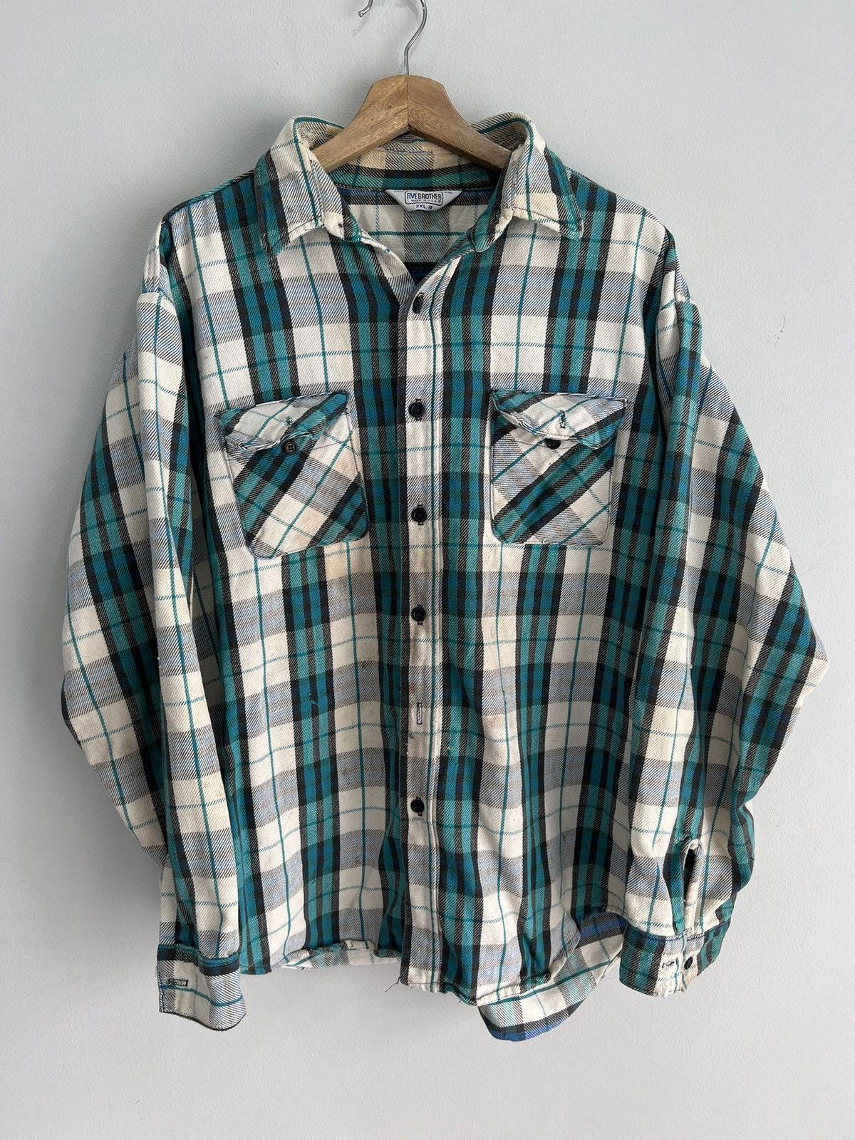 90s FIVE BROTHER flannel shirt GRN× BLK 90s USA Made FIVE BROTHER Five Heavy Flannel Shirt L Green