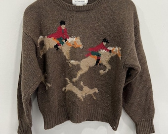 Sweter damski vintage z motywem konia, brązowy