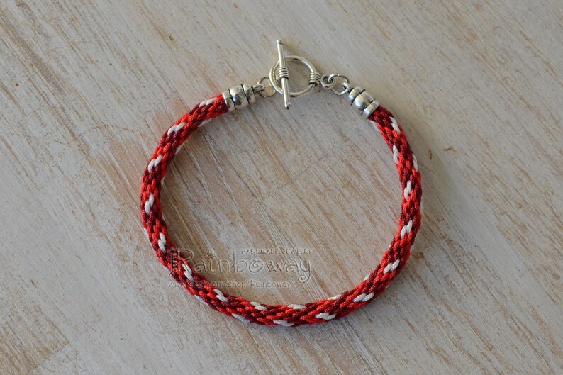 Red white friendship bracelet Kumihimo cord bracelet with toggle clasp Wine red braided cord bracelet Japanese friendship wrap bracelet