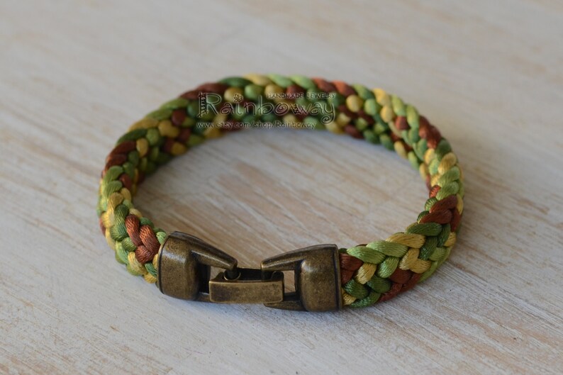 Khaki braided cord bracelet Olive green brown flat kumihimo bracelet Custom size bracelet Japanese cord wrap bracelet Ornamented bracelet