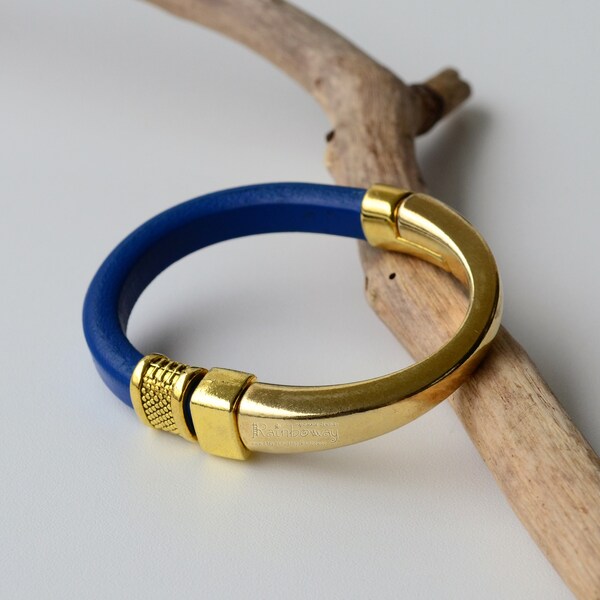 Gold blue regaliz leather bracelet Custom size leather bracelet Big metal magnet clasp bracelet Gold beads licorice bracelet