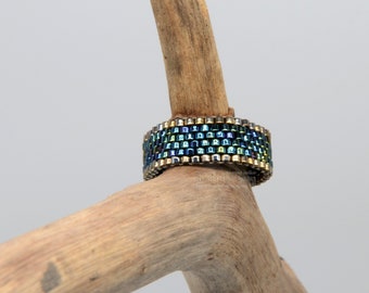 Navy blue iridescent ring Dark blue green beaded striped ring Metallic luster ring Shimmery peyote stitch ring Custom size seed bead ring