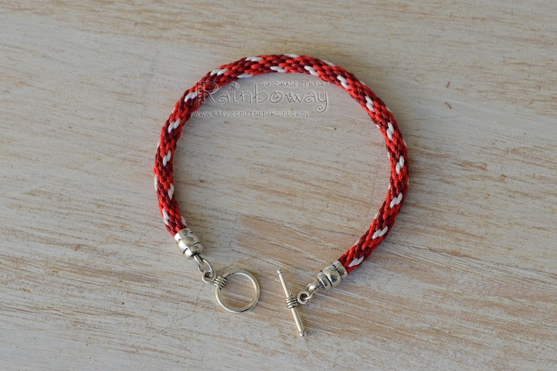Red white friendship bracelet Kumihimo cord bracelet with toggle clasp Wine red braided cord bracelet Japanese friendship wrap bracelet