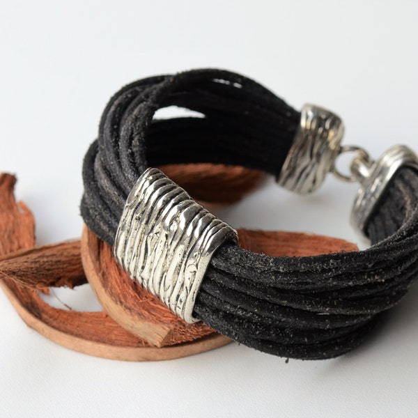 Black leather cords bracelet Multistring large leather bracelet Big silver bead leather bracelet Wide brutal bracelet Suede cord bracelet