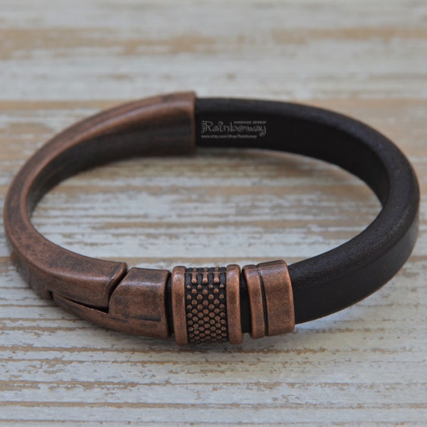 Copper metal regaliz leather bracelet Custom size men's leather bracelet Big copper magnet clasp bracelet Copper beads licorice bracelet