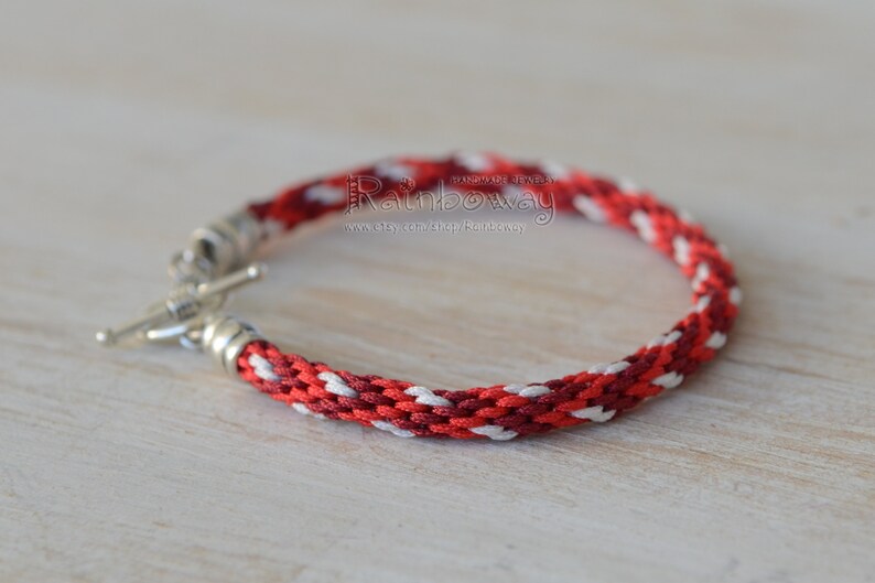Red white friendship bracelet Kumihimo cord bracelet with toggle clasp Wine red braided cord bracelet Japanese friendship wrap bracelet