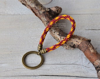 Yellow red braided keychain loop Bronze key ring with kumihimo cord Wine red Japanese cord keychain Men's braided cord keychain Loop keyring