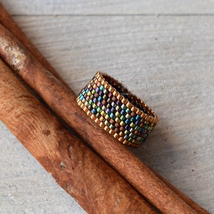 Gold iridescent peyote ring Beaded striped ring Multicolor peyote ring Wide seed beads ring Custom size ring Metallic luster beads ring