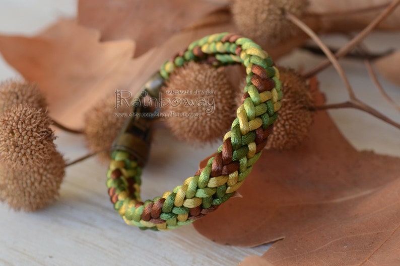 Khaki braided cord bracelet Olive green brown flat kumihimo bracelet Custom size bracelet Japanese cord wrap bracelet Ornamented bracelet