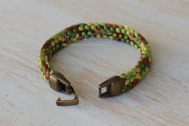 Khaki braided cord bracelet Olive green brown flat kumihimo bracelet Custom size bracelet Japanese cord wrap bracelet Ornamented bracelet
