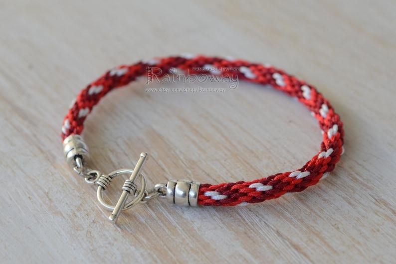 Red white friendship bracelet Kumihimo cord bracelet with toggle clasp Wine red braided cord bracelet Japanese friendship wrap bracelet