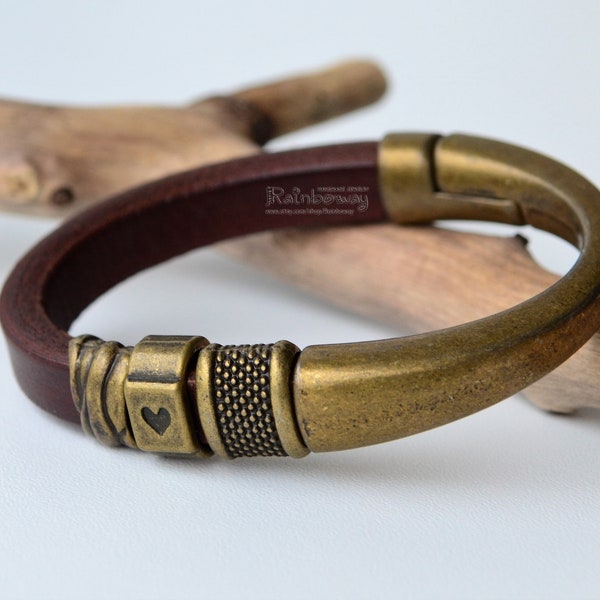 Bronze metal regaliz leather bracelet Custom size men's leather bracelet Big bronze magnet clasp bracelet Bronze beads licorice bracelet