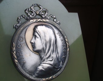Vintage French Holy Water font, French benitier ,Virgin Mary, medal, silver plated medal, religious medal, , onyx plaque