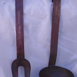 Set of 2  French copper kitchenwares :  , fork and ladle,  French vintage copper  kitchen utensils.