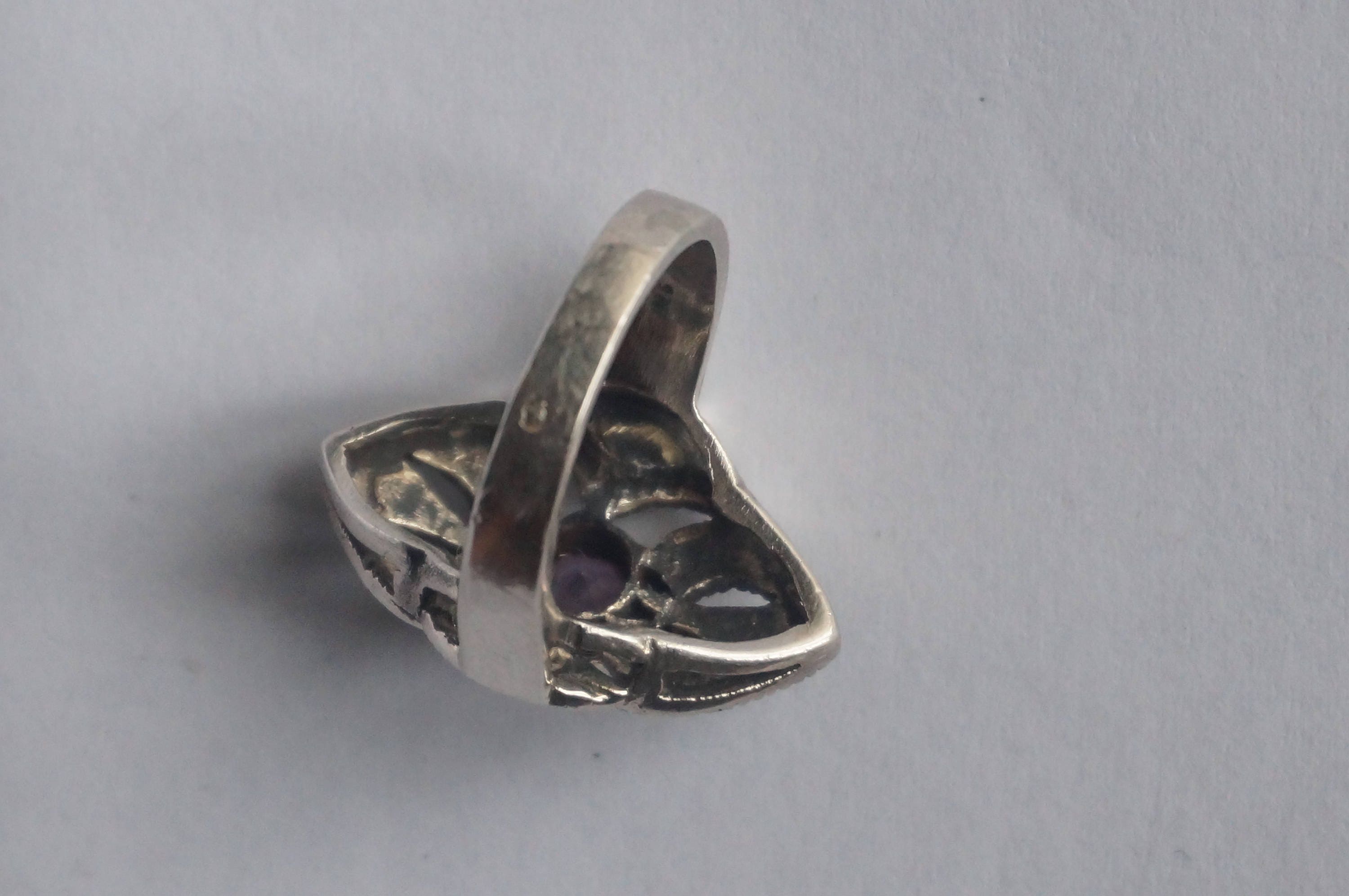 Bague Argent 925‰ Navette Avec Améthyste Naturelle Rond & Marcassite - Neuf