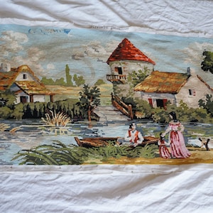 Royal Paris Canvas : &quot; The peaceful river &quot; Finished Needlepoint, 1970s