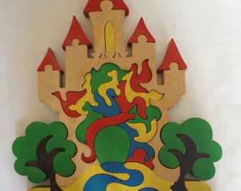 Vintage Painted Wooden Castle Puzzle: Double-Sided 3D, 29 Pieces