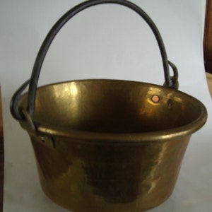 Large French Yellow Copper Pot, Hand Hammered, Wrought Iron  Handle, Handmade Cauldron, Brass Pot Kettle. copper apple butter kettle