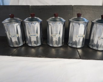 Vintage Set von 5 Kanistern für Mehl, Zucker, Chicory, Paste und Kaffee, 1950er Jahre