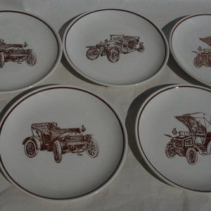Set of 5 plates decorated with vintage cars,  stamped &quot;Gien made in France&quot;