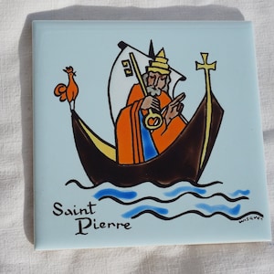 A polychrome painting of Saint-Pierre on a faience, handmade and signed,1970s
