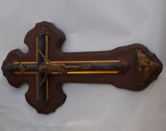 Antique French Crucifix, Jesus Christ, Cross, Religious with holly water, wall decor
